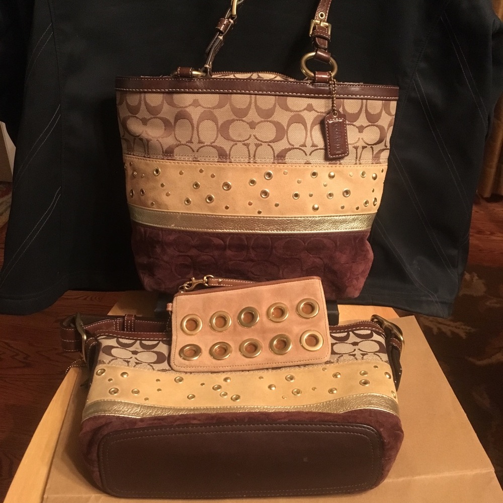 Coach Patchwork Suede Gold Grommet Tote+bag+wallet - Picture 2 of 8